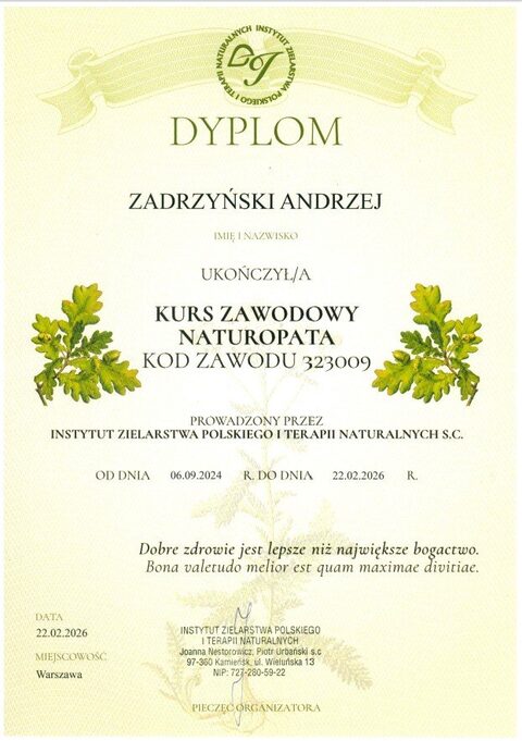 Dyplom Naturopaty — Instytut Zielarstwa Polskiego i Terapii Naturalnych