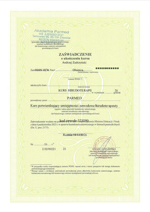 Zaświadczenie Hirudoterapeuty zgodne z wytycznymi Ministerstwa Edukacji i Nauki